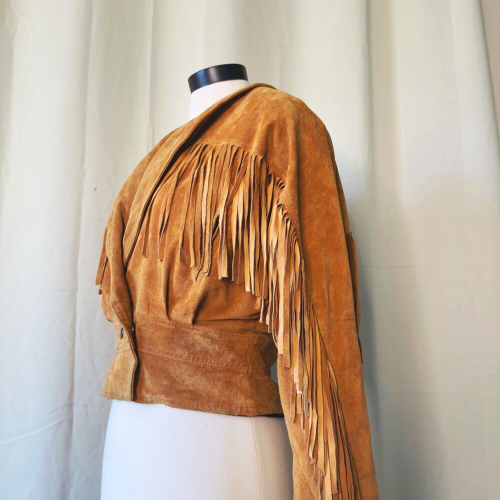 VTG 80s Michael Joseph Cropped Fringe Leather Jacket size Medium - Picture 4 of 11